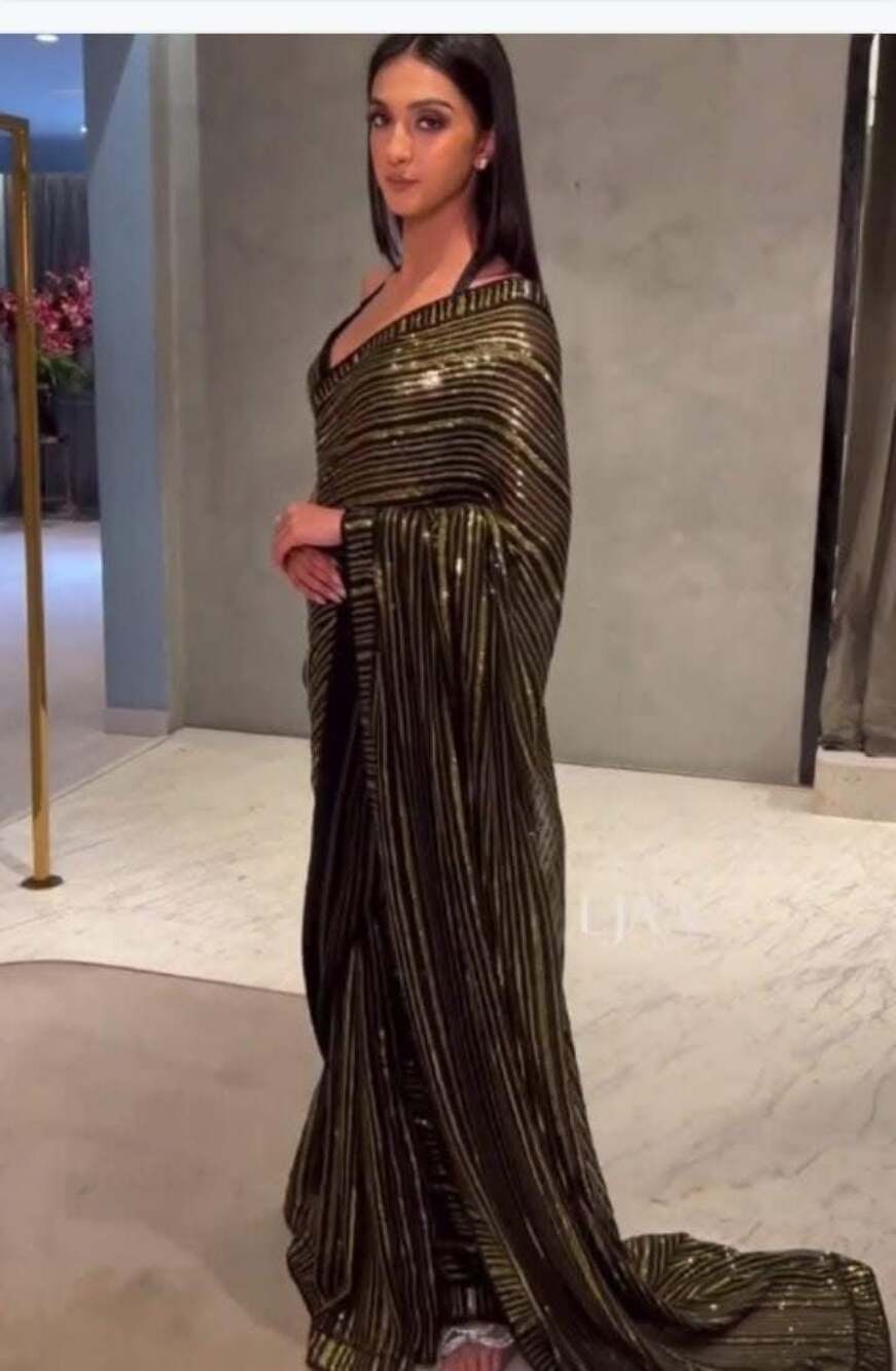 Black Georgette Striped Sequins Saree Set
